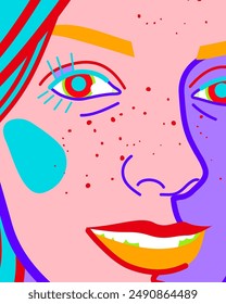 An art postcard with a close-up image of a woman's face in a bright color scheme.