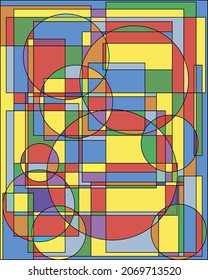 art poster abstract geometric pattern trendy print bright colors black lines, fragments of different colors beautiful stained glass