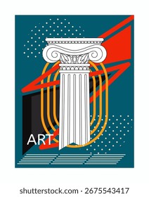 Art poster. Ancient column ionic order. Abstract background. Marble architectural element, Greek or roman classic traditional building and sculpture, creative festival. Vector isolated illustration