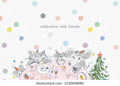 Art poster. Animals are sitting at the  table and celebrating new year and  Christmas. Friends, kids, feast, holiday, snowfall. Vector