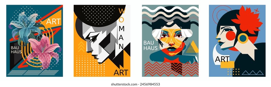 Art poster. Bauhaus design. Exhibition abstract pattern. Lily flowers. Woman party banner. Contemporary artwork flyer. Creative collage. Magazine minimal graphic. Memphis face. Vector backgrounds set