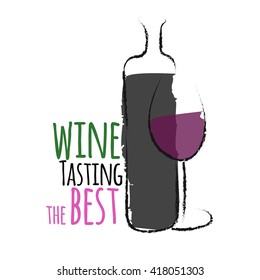 Art poster in a contemporary style with a bottle and a glass of wine. The oil sketch on the theme of wine with space for your label
