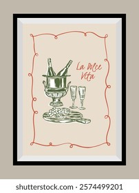 Art poster in a frame. Sketch style beverage illustration. Aesthetic quote.