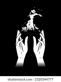 art  poster  hands hold fire  fire in the hands  magic  black   white vector illustration  element  superpower  fire