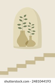 Art poster with vase interior design. Aesthetic cartoon home decor illustration.