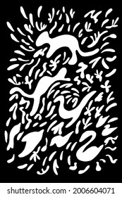 Art poster vector graphics black and white with abstract animals, drops, splashes in the style of doodle hand drawing.