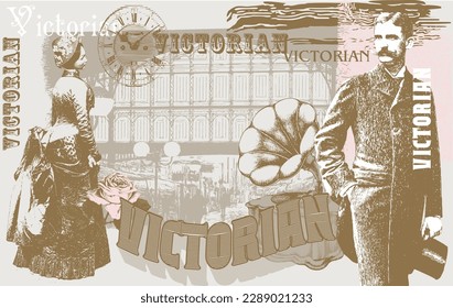 Art poster. Victorian era. Lady, gentleman, gramophone. Engraving style.
