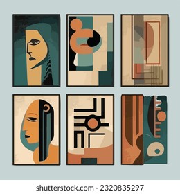 Art posters. Drawings and geometric shapes. Exhibition of painting. Abstract. Antique statues. Set of vector illustration