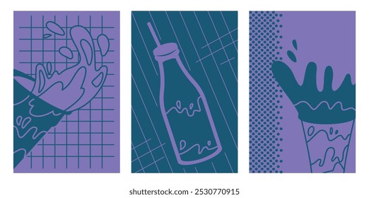 Art posters with drinks set. Postcards with cups and bottles with cocktail and beverage. Tropical drink for summer season and hot weather. Linear vector collection isolated on white background