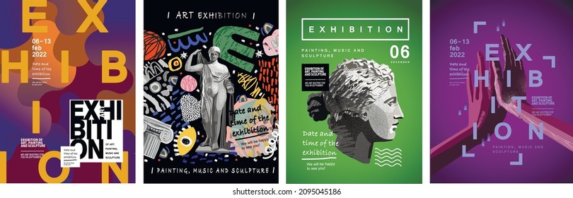Art posters for the exhibition of classical and contemporary painting, sculpture and music. Hand illustrations, plaster bust, statues and abstract shapes, spots and lines. Drawings for poster. - Shutterstock ID 2095045186
