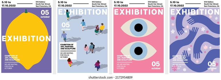 Art posters for exhibition of classical and contemporary painting, sculpture and music. Vector abstract modern illustrations for creative art festivals and events. Drawings for poster