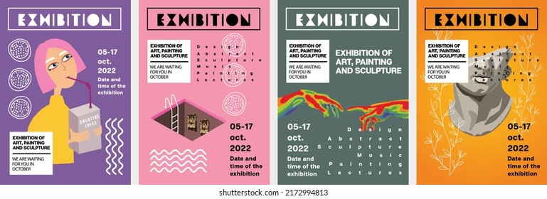 Art posters for exhibition of classical and contemporary painting, sculpture and music. Girl with pink hair, art exhibition concept, hands, sculpture. Illustrations for art festivals and events