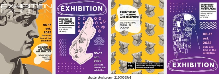 Art posters for exhibition of classical and contemporary painting, sculpture and music. Greek sculpture, statue pattern, famous art. Illustrations for art festivals and events