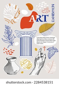 Kunstplakate für die Ausstellung, Magazin oder Cover, Vektorvorlage mit Skulpturkunst, antike Statuen, Säule, Amphora, Säule, moderne antike griechische oder römische Stil. Nostalgischer Banner