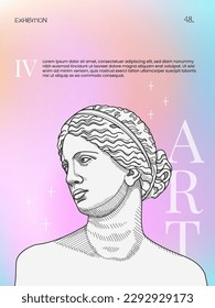 Art posters for the exhibition,  magazine or cover, vector template with sculpture art, Antique statues, gradient background, modern ancient Greek or Roman style. Nostalgia banner