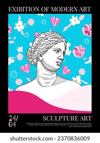 Art posters for the exhibition,  magazine or cover, vector template with sculpture art, Antique statues. Modern ancient Greek or Roman style. Vibrant colours. Pink glamour poster