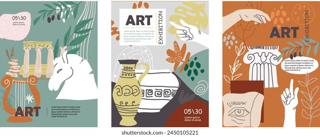 Art posters for exhibition, magazine or cover, vector template with sculpture art, antique statues, geometric background, modern ancient Greek or Roman style, ancient statue.