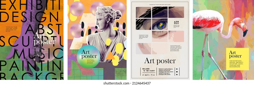 Art posters for an exhibition of painting, culture, sculpture, music and design. Vector abstract modern illustrations for creative festivals and events