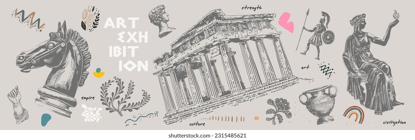 Art posters for exhibition of painting, culture, sculpture, music and design. Ancient ruins, goddess statue. Creative exhibition flyer or poster design template with abstract art elements and shapes.