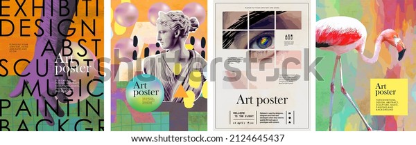 Art posters for an exhibition of
painting, culture, sculpture, music and design. Vector abstract
modern illustrations for creative festivals and
events