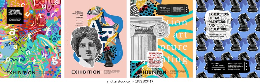 Art posters for the exhibition of painting, sculpture and music. Vector illustration of abstract background, roman column, greek sculpture, chess horse pattern for magazine or cover - Shutterstock ID 1972503419