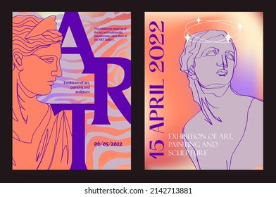 Art posters for the exhibition of painting, sculpture and music. Vector illustration of abstract background, greek sculpture, for magazine or cover	