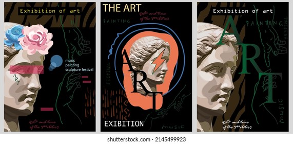 Art posters for the exhibition of painting, sculpture and music. Vector illustration of abstract background, greek sculpture, pattern for magazine or cover.