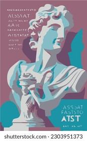 Art posters for the exhibition of painting, sculpture and music. greece Vector illustration of abstract background, greek sculpture, bust, for magazine or cover article flyer trendy modern  goddess