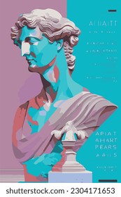 Art posters for the exhibition of painting, sculpture and music. greece Vector illustration of abstract background, greek sculpture, bust, for magazine or cover article flyer trendy modern  goddess