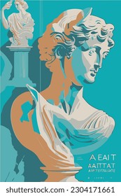 Art posters for the exhibition of painting, sculpture and music. greece Vector illustration of abstract background, greek sculpture, bust, for magazine or cover article flyer trendy modern  goddess