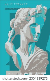 Art posters for the exhibition of painting, sculpture and music. greece Vector illustration of abstract background, greek sculpture, bust, for magazine or cover article flyer trendy modern  goddess