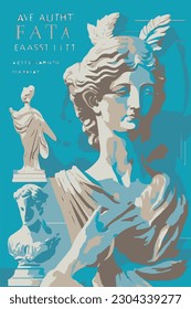 Art posters for the exhibition of painting, sculpture and music. greece Vector illustration of abstract background, greek sculpture, bust, for magazine or cover article flyer trendy modern  goddess