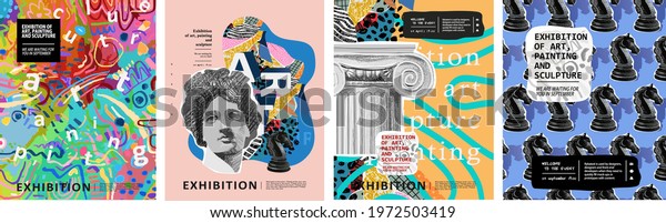 Art posters for\
the exhibition of painting, sculpture and music. Vector\
illustration of abstract background, roman column, greek sculpture,\
chess horse pattern for magazine or\
cover