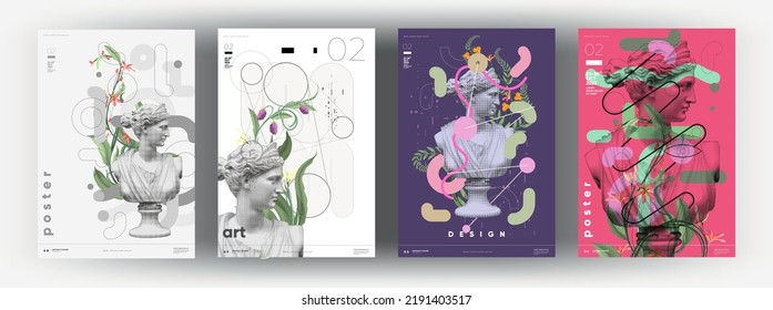 Art posters for the exhibition. A set of vector illustrations. Sculpture and plants. Painting in a modern style with classical elements.