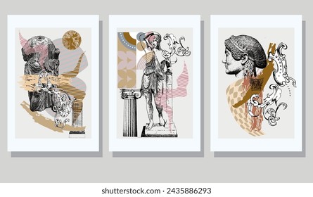 Art posters for exhibitions of painting, sculpture and music. Vector illustration of abstract background, Roman column, Greek sculpture, baroque decorative elements for poster, pattern or background