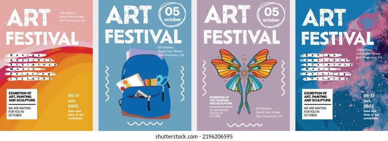 Art posters for festival or an exhibition of painting, culture, sculpture, music and design. Vector illustration of colorful abstract background, backpack with art supplies, butterfly, paint splash