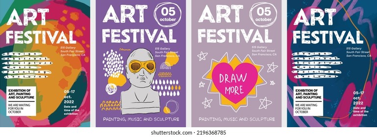 Art posters for festival or an exhibition of painting, sculpture, music and design. Funky hand drawn vector abstract modern illustrations for creative festivals and events 