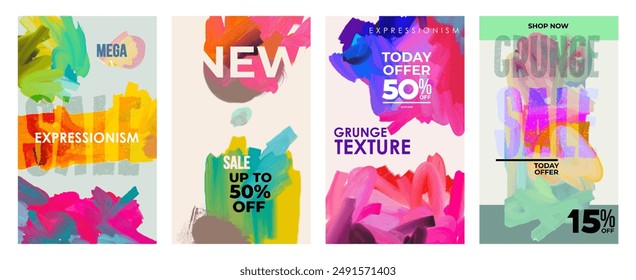 Art posters header template set. Collage Hand drawn scribbles, marker, canyon strokes, colorful geometric shapes, ink drawn splashes. Bright colored vector brush stroke cover template background.