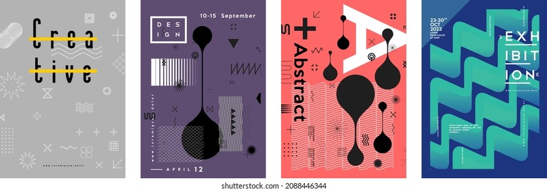 Art posters. Modern interior paintings. Abstraction posters. Set of vector illustration. Drawings and geometric shapes.