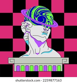 Art posters with Retro Acid design illustrations. Rave head David in psychedelic acid trippy style. Hipster head of statue in headset Weird pop 90s style.