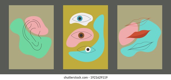 Afiches de arte con labios, orejas y ojos para la decoración de paredes, plantilla de arte, impresión, fondo, fondo, banner, cubierta. Obra de arte. Arte contemporáneo y moderno. Decoración y elementos decorativos. Interior en casa. 