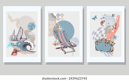 Art posters for summer vacation. Vector illustration of abstract background, suitcase, yacht, wave, fruit, baroque decorative elements for magazine or cover