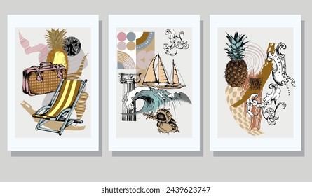 Art posters for summer vacation. Vector illustration of abstract background, suitcase, yacht, wave, fruit, baroque decorative elements for magazine or cover