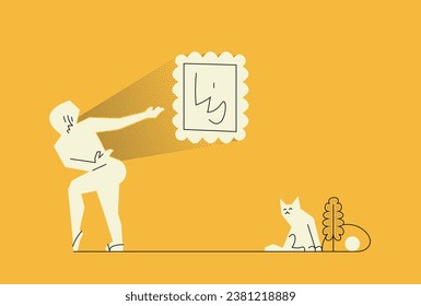 Art presentation. Eccentric artist shows artwork, picture in frame and minimal cat wait to play. Simple vector illustration