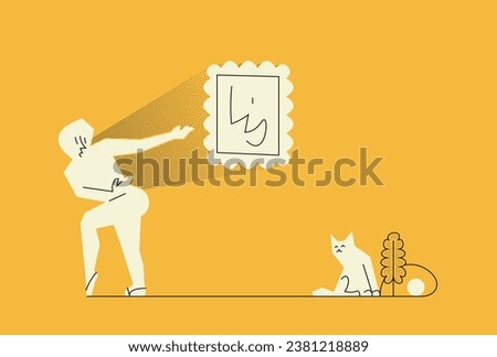 Art presentation. Eccentric artist shows artwork, picture in frame and minimal cat wait to play. Simple vector illustration