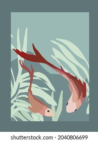 Art print with abstract fish and algae. Vector background for various surface.