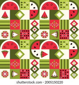 Art print with decorative watermelon elements green and red colors. Abstract form stylized slices, geometric modern design. Juicy fruit pattern design. Square shape repeated objects. Watermelon day!