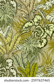 Impressão artística com folhas e plantas tropicais exóticas. Fundo botânico verde. Ilustração de vetor desenhada à mão.