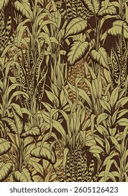 Art print with exotic tropical leaves and plants. Hawaiian style botanical background. Hand drawn vector illustration.
