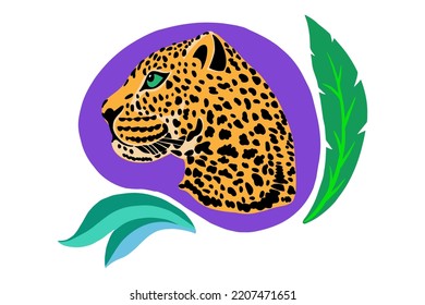 Art print with head in profile of a leopard with tropical leaves vector drawing print for t-shirt, cup, cover, postcard, sticker. Wild cat muzzle for printing.